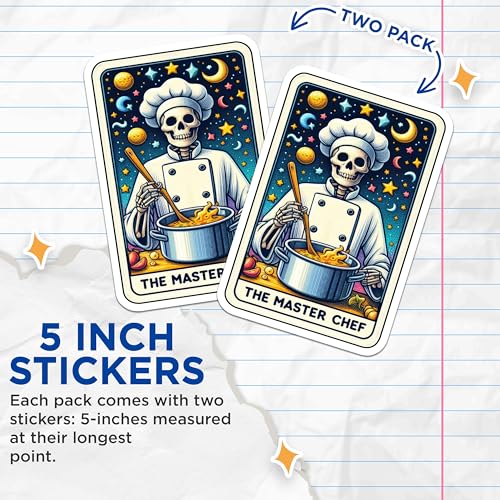 (2 Pack) Skeleton Chef Stickers - Culinary Themed Stickers - Funny Kitchen Decor - 5" On Longest Side - Sticks to Smooth Flat Surfaces - Made in USA - BMCS5452