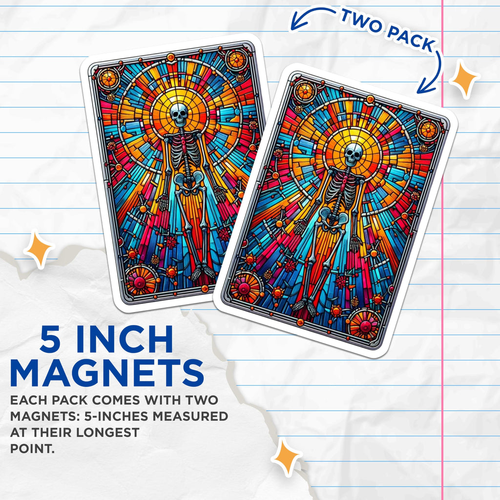 (2 Pack) Stained Glass Skeleton Magnets - Human Anatomy Art Decor - Vibrant Mystical Skeleton Refrigerator Accessory - 5 Inches On Longest Side - Thick Durable Magnet - Made in USA - MAG21305