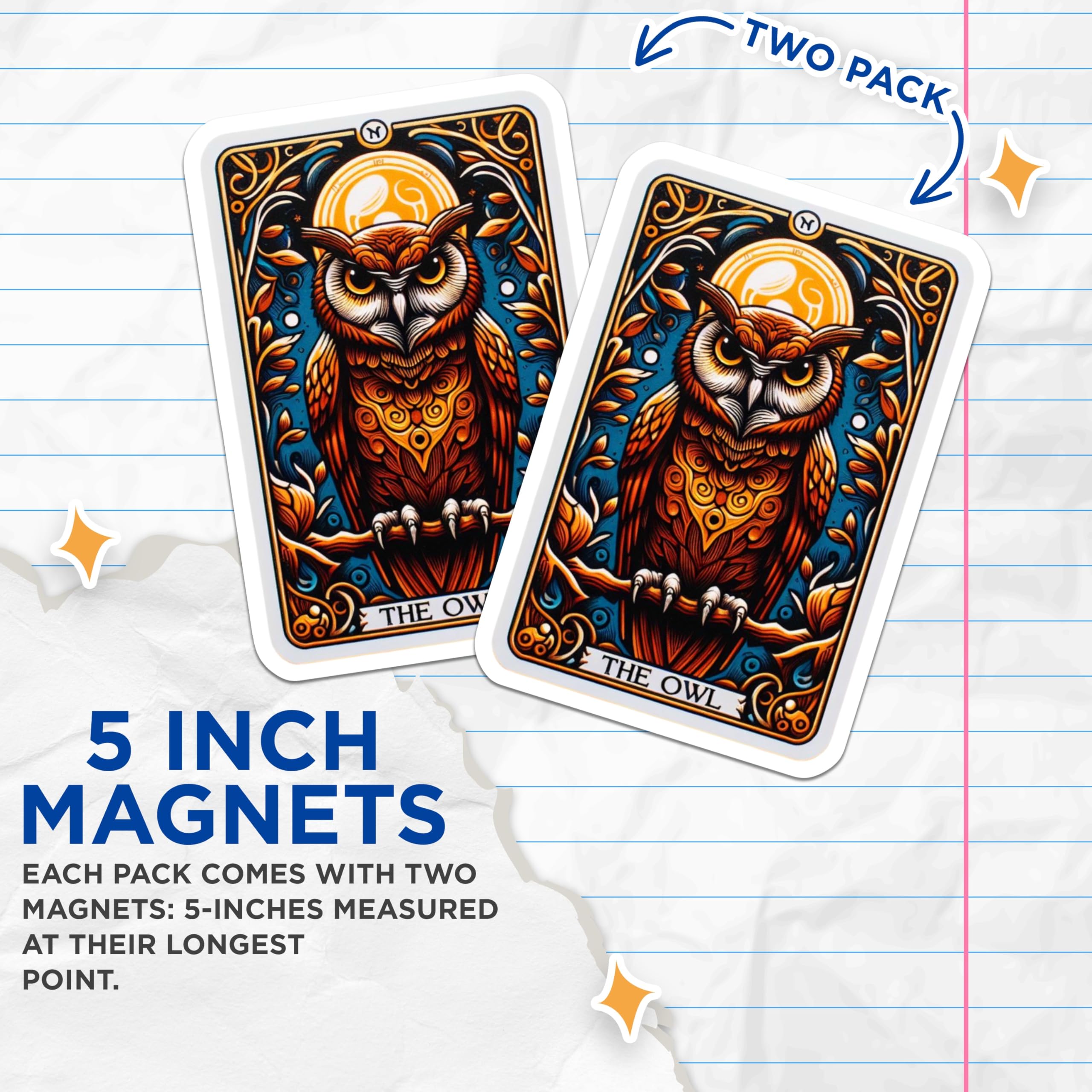 (2 Pack) Mystical Owl Magnets - Ornate Bohemian Forest Bird Art - Spiritual Wildlife Refrigerator Decor Accent - 5 Inches On Longest Side - Thick Durable Magnet - Made in USA - MAG20558