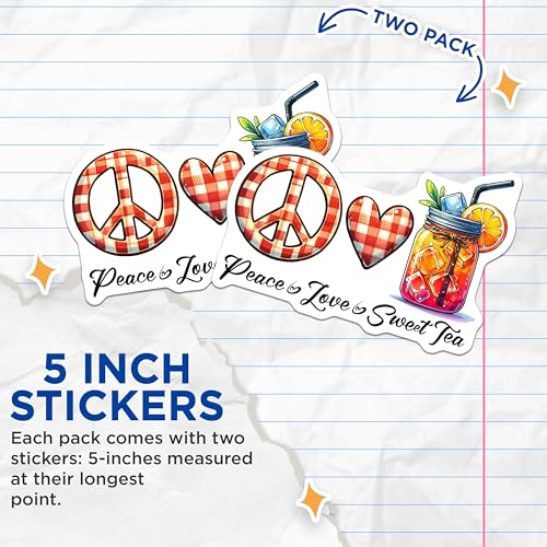 (2 Pack) Peace Love Sweet Tea Stickers - Peace Symbol - Heart - Jar of Sweet Tea - 5" On Longest Side - Sticks to Smooth Flat Surfaces - Made in USA - BMCS8298
