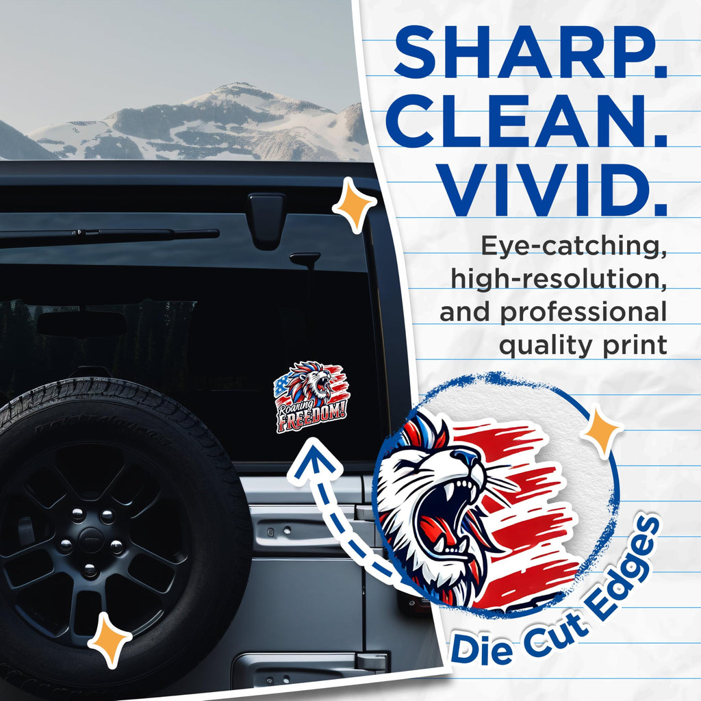(2 Pack) Roaring Freedom Stickers - Patriotic Lion Stickers - American Flag Stickers - 5" On Longest Side - Sticks to Any Smooth Flat Surface - Made in USA - BMCS2714