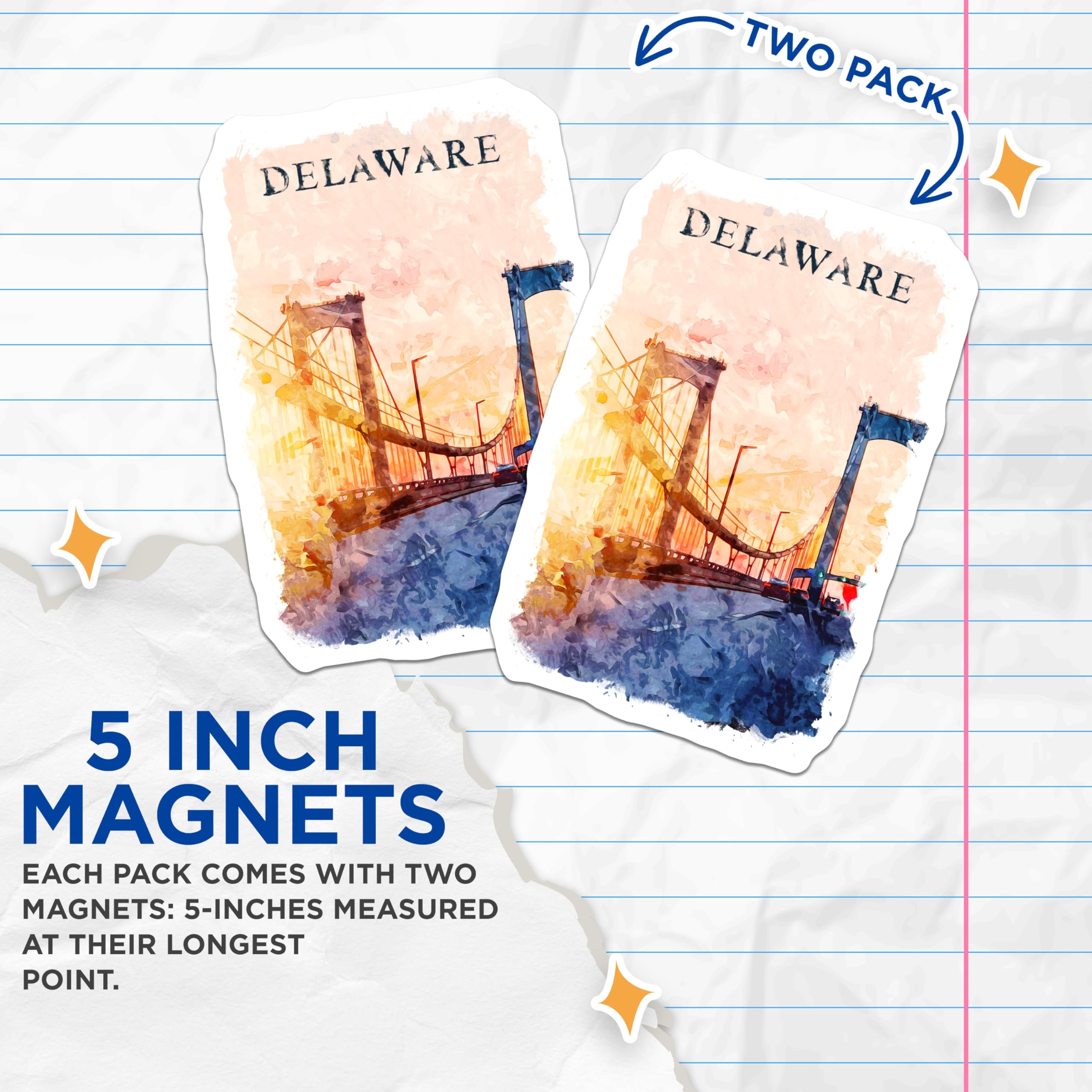 (2 Pack) Delaware Magnets - Delaware Bridge - State Travel Souvenir - 5" On Longest Side - Premium Magnet - for Cars, Refrigerators, Toolboxes, Lockers - Made in USA - MAG17344