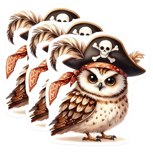 (3 Pack) Pirate Owl Decals - Cute Animal Stickers - Laptop Decor- 3 Inches On Longest Side - Easy Peel & Apply - Made in USA - 3MCS5827