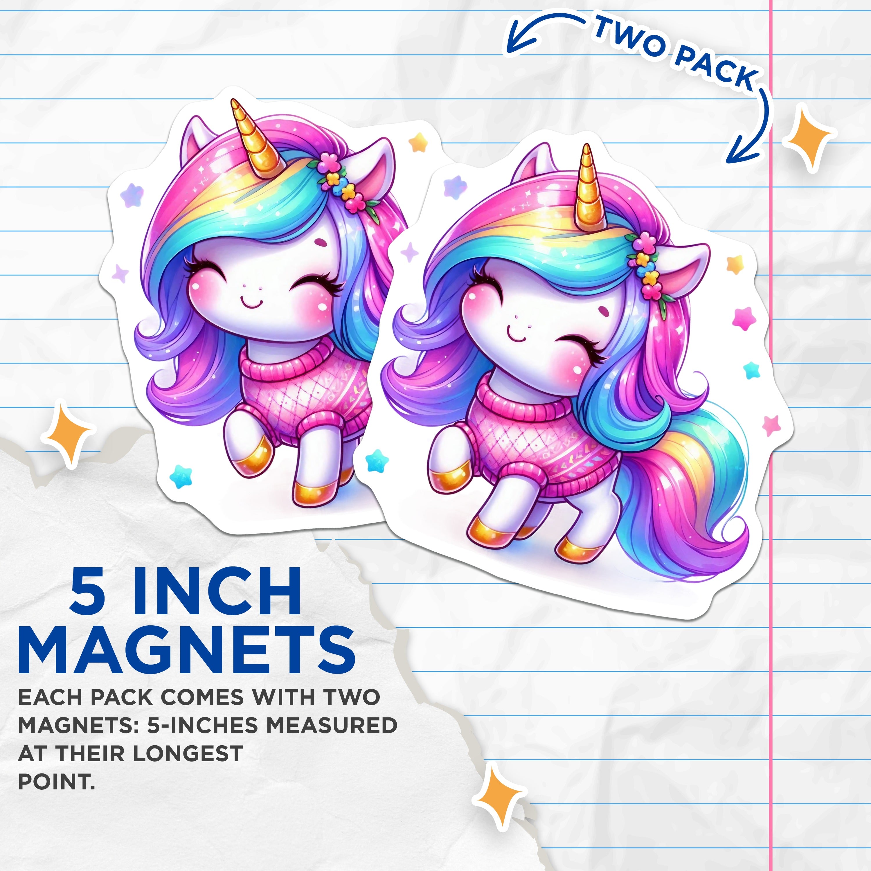 (2 Pack) Adorable Unicorn Magnets - Rainbow Mane Fantasy Animal - Cozy Sweater Decor - 5 Inches On Longest Side - Thick Durable Magnet - Made in USA - MAG36390