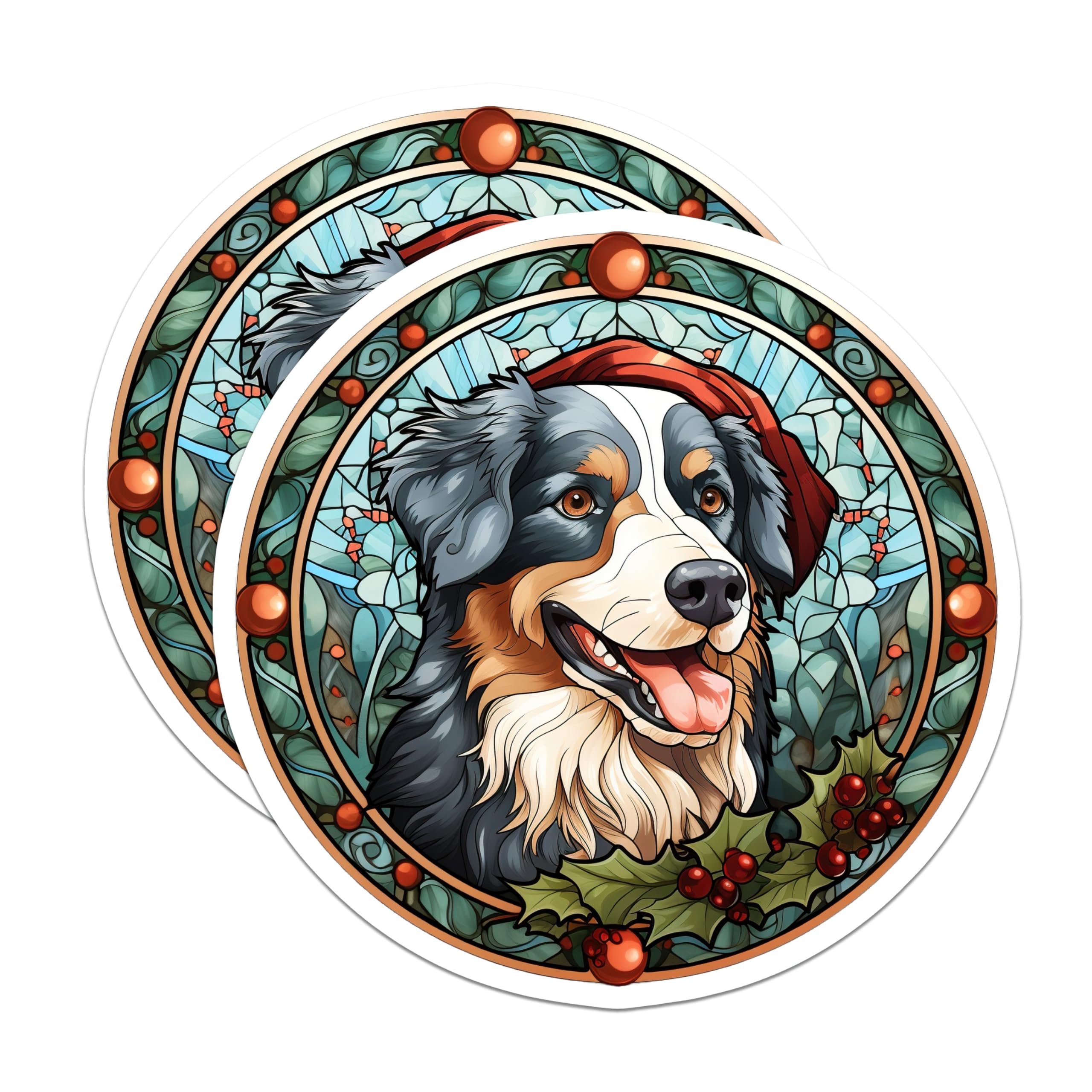 (2 Pack) Bernese Mountain Dog Magnets - Christmas Dog Decor - Stained Glass Pet Art - 5 Inches On Longest Side - Thick Durable Magnet - Made in USA - MAG27721
