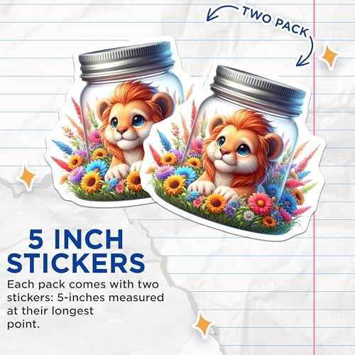 (2 Pack) Cute Lion Stickers - Adorable Animal - Floral Design Sticker - 5" On Longest Side - Sticks to Smooth Flat Surfaces - Made in USA - BMCS9381