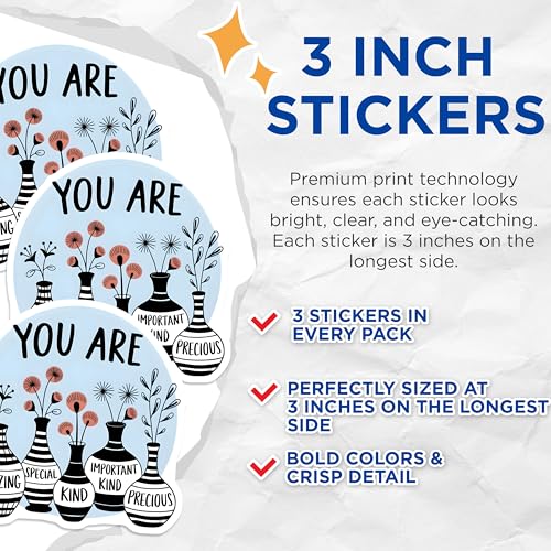 (3 Pack) Positive Affirmation Decals - Encouragement Stickers - Vases with Flowers Decals- 3 Inches On Longest Side - Easy Peel & Apply - Made in USA - 3MCS5328