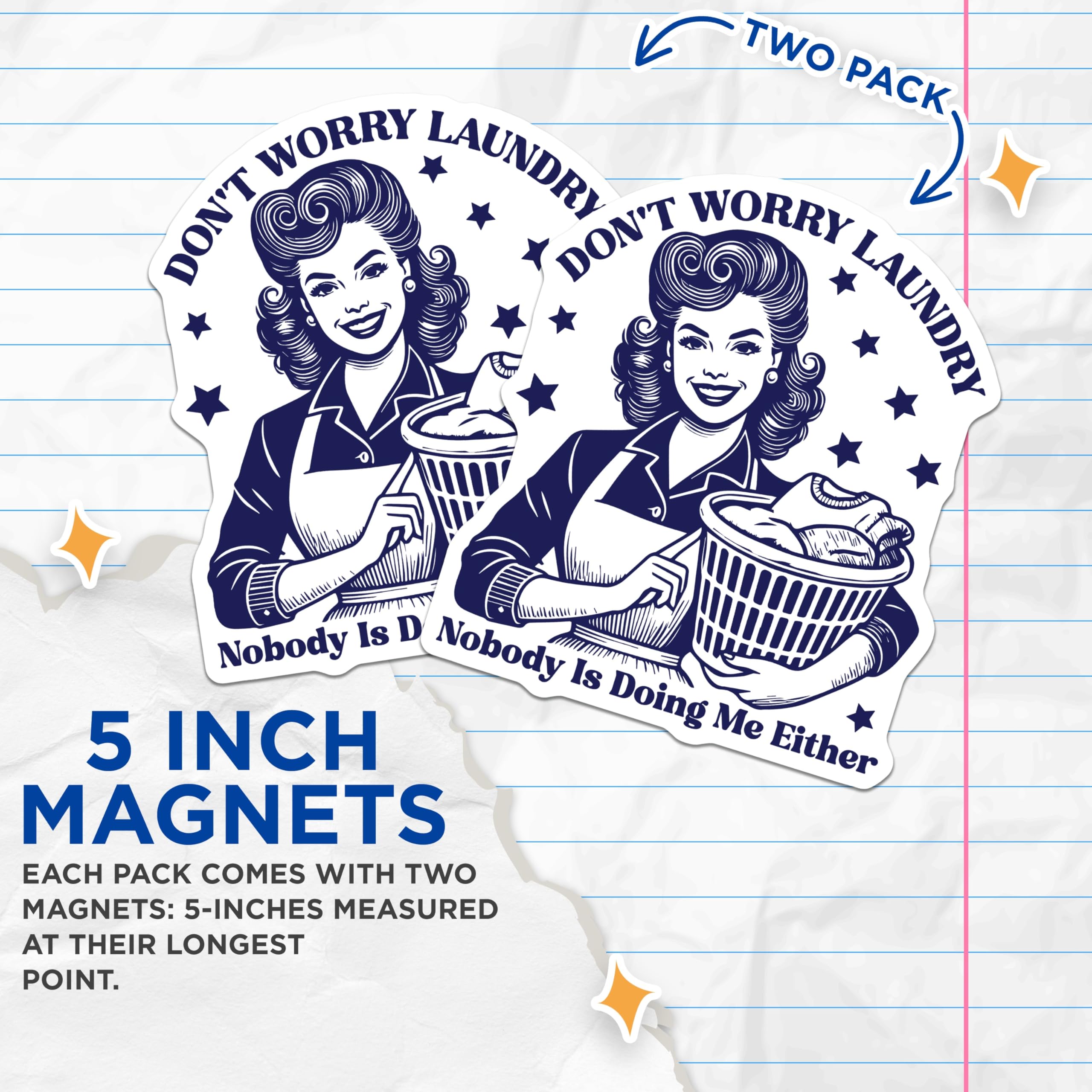 (2 Pack) Laundry Humor Magnets - Retro Housewife - Funny Chore Magnet - 5" On Longest Side - Premium Magnet - for Cars, Refrigerators, Toolboxes, Lockers - Made in USA - MAG14973
