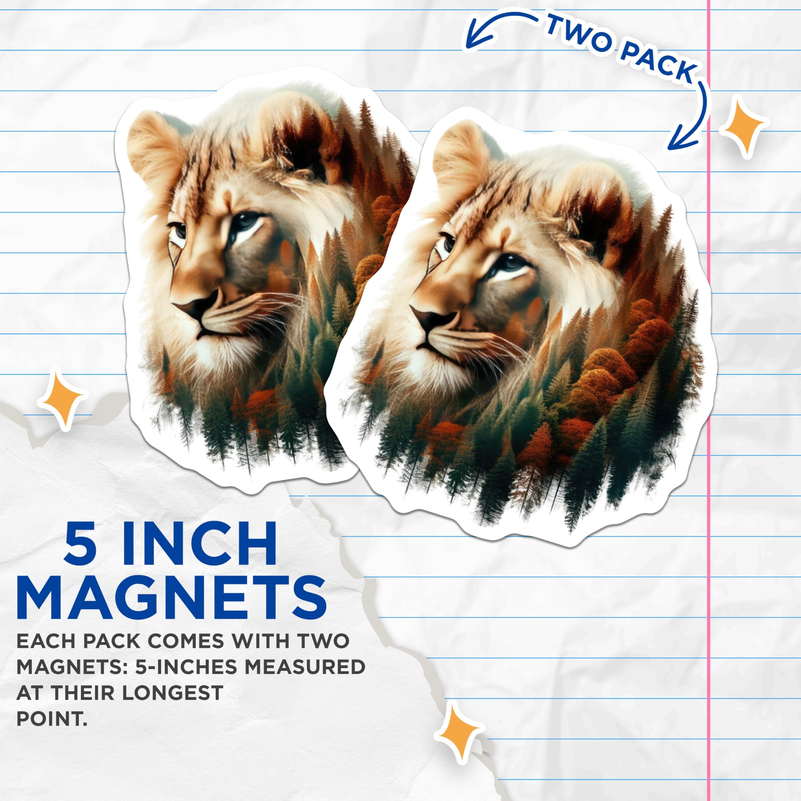 (2 Pack) Lion Forest Magnets - Animal Art - Fridge Home Decor - 5" On Longest Side - Premium Magnet - for Cars, Refrigerators, Toolboxes, Lockers - Made in USA - MAG16217