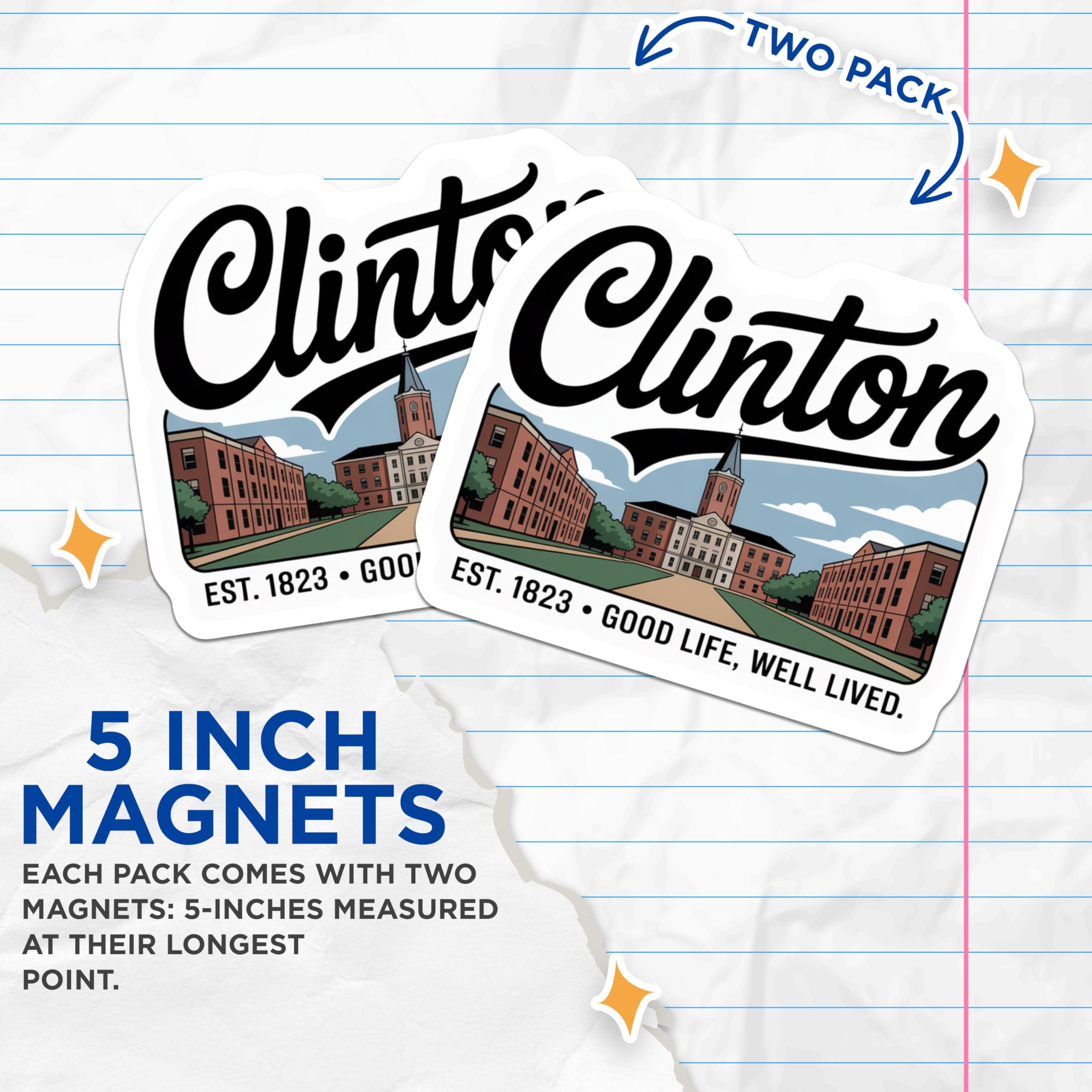 (2 Pack) College Town Magnets - Clinton Landmark - Campus Souvenir - 5" On Longest Side - Premium Magnet - for Cars, Refrigerators, Toolboxes, Lockers - Made in USA - MAG18760