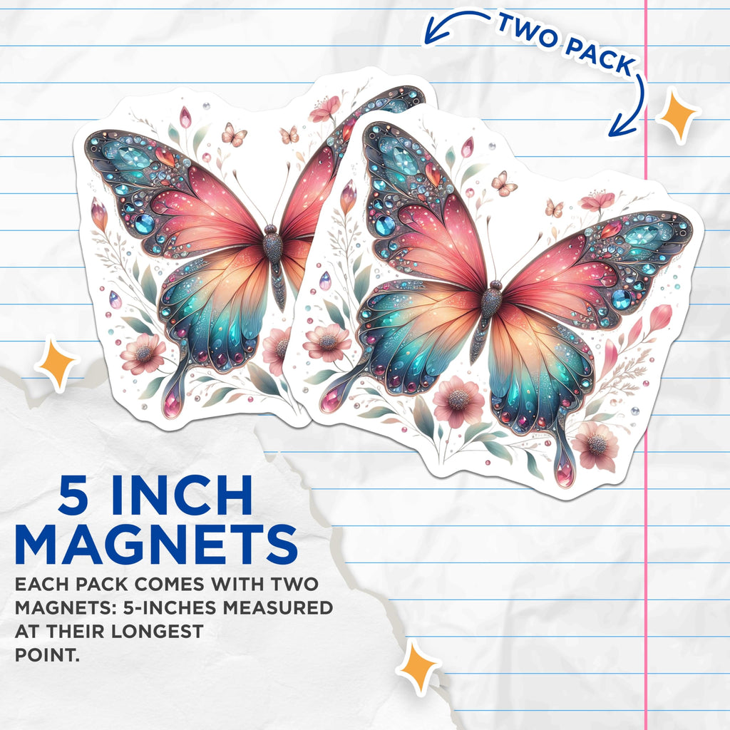 (2 Pack) Butterfly Magnets - Floral Decor - Decorative Magnets - 5" On Longest Side - Premium Magnet - for Cars, Refrigerators, Toolboxes, Lockers - Made in USA - MAG14145