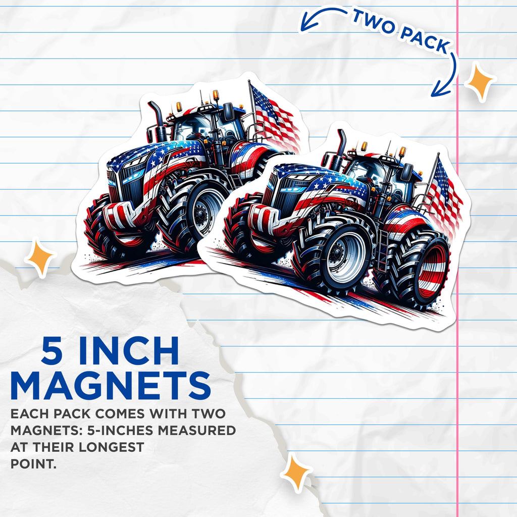(2 Pack) Tractor Magnets - Patriotic Decor - American Flag Art - 5" On Longest Side - Premium Magnet - for Cars, Refrigerators, Toolboxes, Lockers - Made in USA - MAG15065