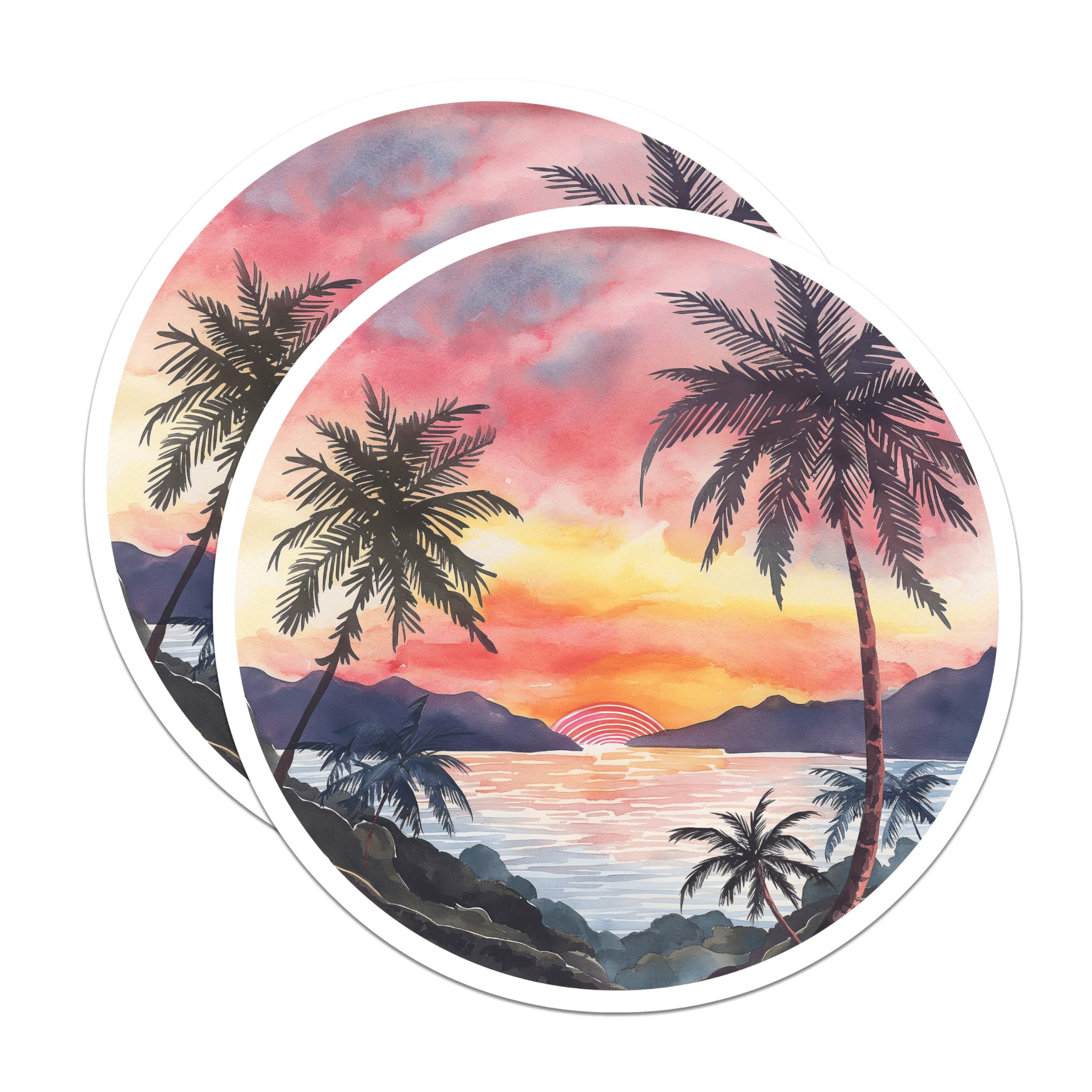(2 Pack) Tropical Sunset Magnets - Vibrant Watercolor Palm Tree Scene - Serene Island Landscape Art - 5 Inches On Longest Side - Thick Durable Magnet - Made in USA - MAG19815