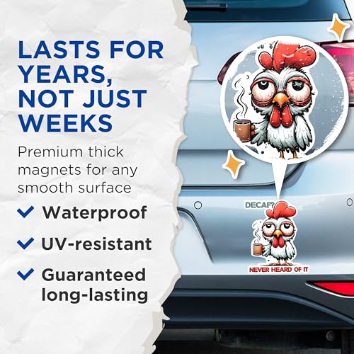(2 Pack) Funny Chicken Caffeine Magnets - Coffee Lover Cartoon Magnets - Decaf Never Heard of It Magnets- 5" On Longest Side - for Fridges, Toolboxes, Cars - Made in USA - MAG2782