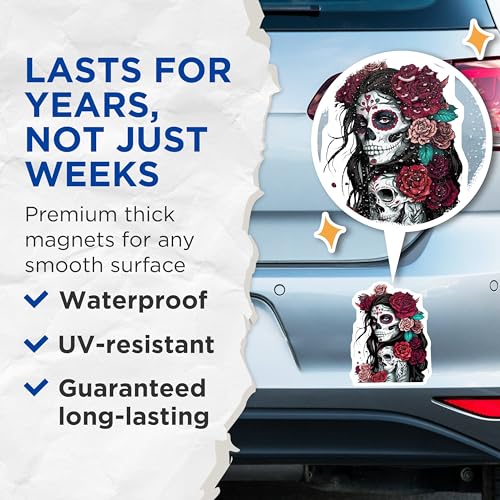 (2 Pack) Sugar Skull Magnets Magnets - Day of The Dead - 5" On Longest Side - Made in USA - Sticks to Refrigerators & Metal Surfaces - MAG9205