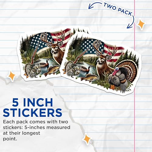 (2 Pack) Wildlife Hunting Stickers - American Flag Nature - Deer Fishing Turkey Duck Art - 5" On Longest Side - Sticks to Smooth Flat Surfaces - Made in USA - BMCS6020