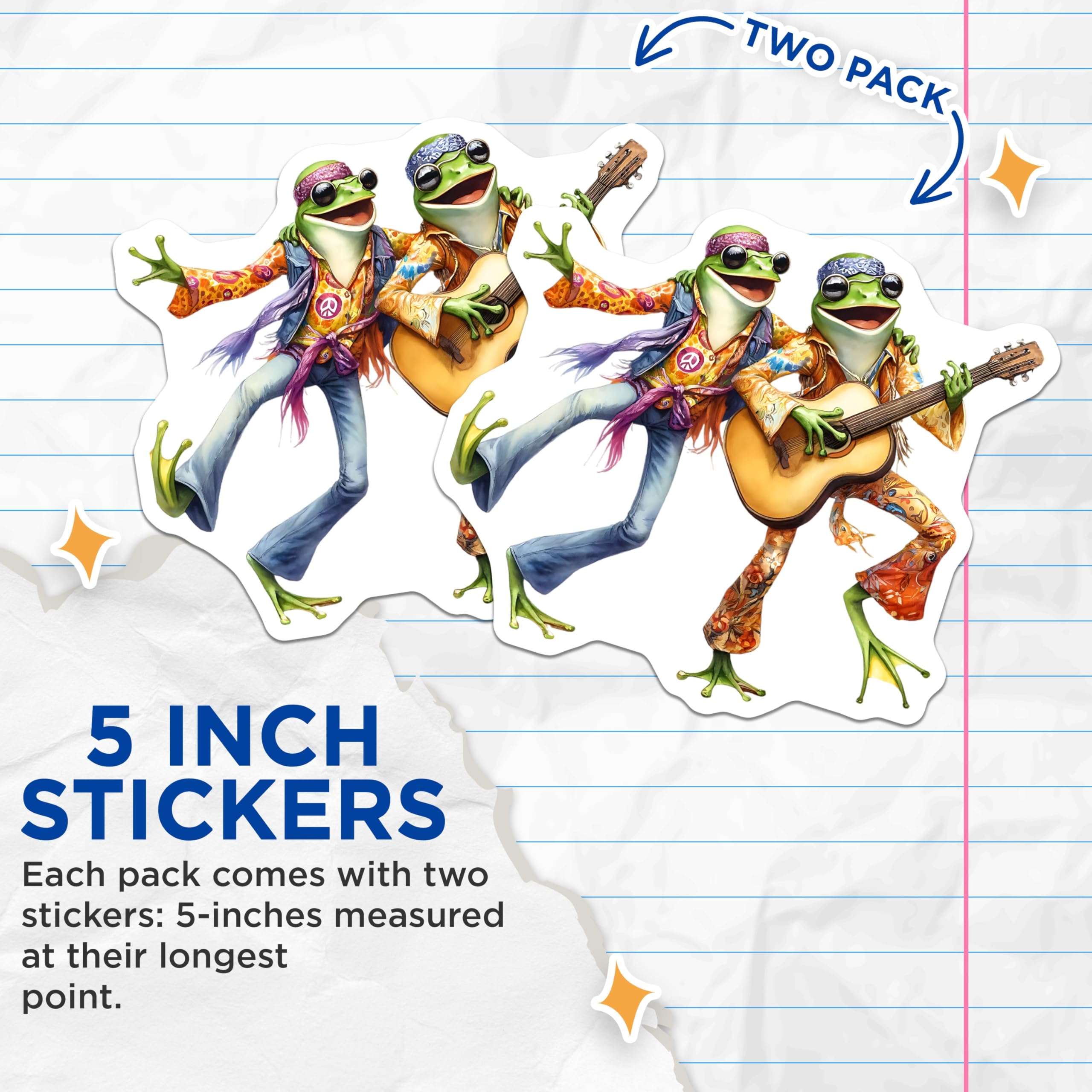 (2 Pack) Hippie Frog Stickers - 70s Style Toad Decals - Retro Music Lover Gift- 5" On Longest Side - Sticks to Smooth Flat Surfaces - Made in USA - BMCS16609