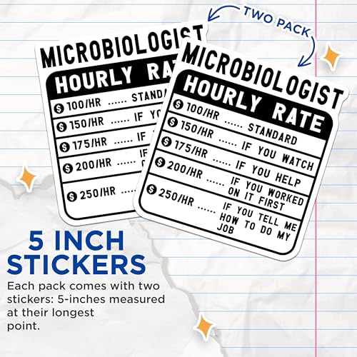 (2 Pack) Microbiologist Hourly Rate Stickers - Funny Science Stickers - Scientist Humor Decal - 5" On Longest Side - Sticks to Smooth Flat Surfaces - Made in USA - BMCS4998