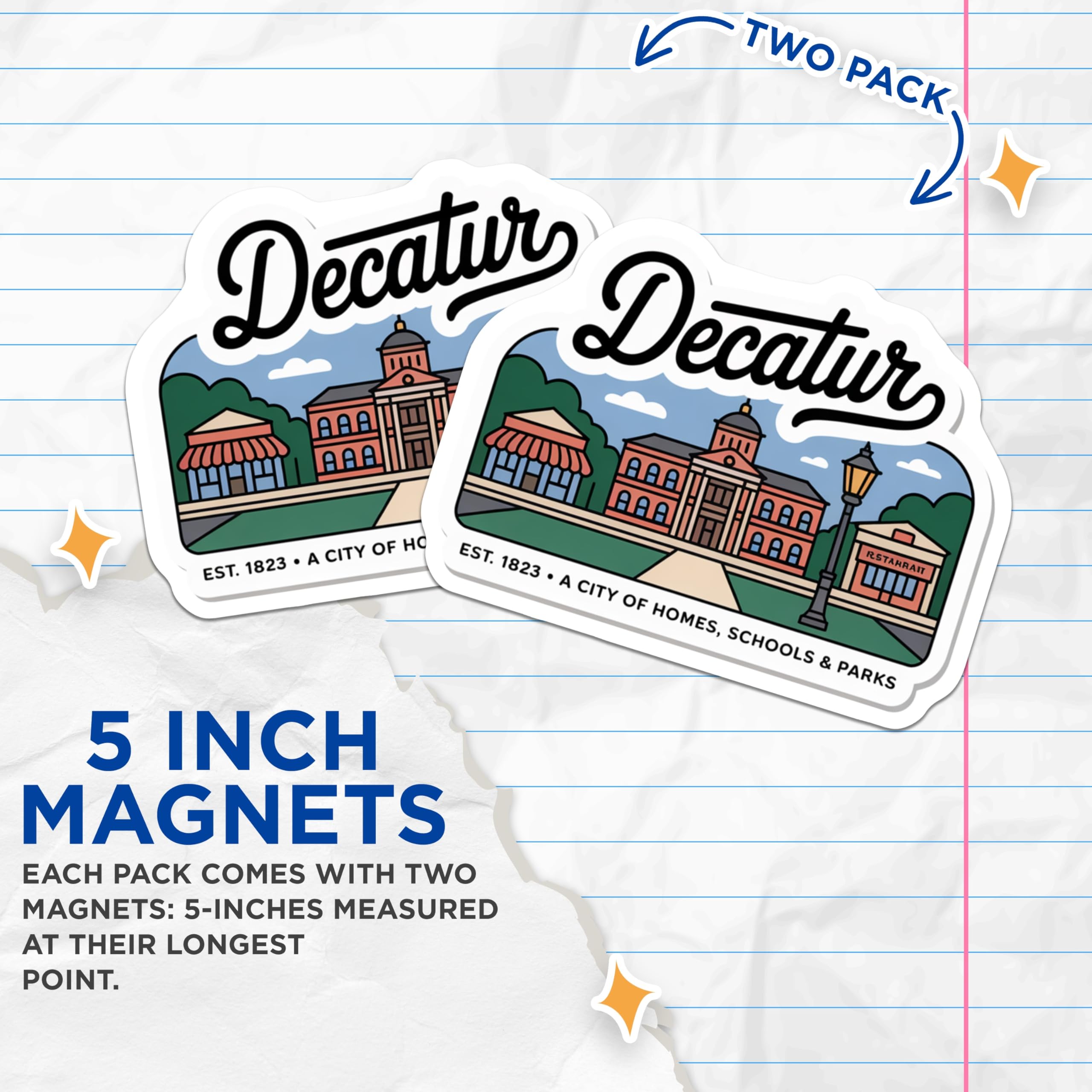 (2 Pack) Decatur Magnets - City of Homes - School and Park Decoration - 5" On Longest Side - Premium Magnet - for Cars, Refrigerators, Toolboxes, Lockers - Made in USA - MAG18813