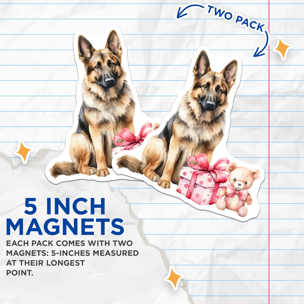 (2 Pack) German Shepherd Dog Magnets - Adorable Dog with Gift and Teddy Bear - Cute Dog Lover - 5" On Longest Side - for Cars, Refrigerators, Toolboxes, Lockers - Made in USA BMCS3473