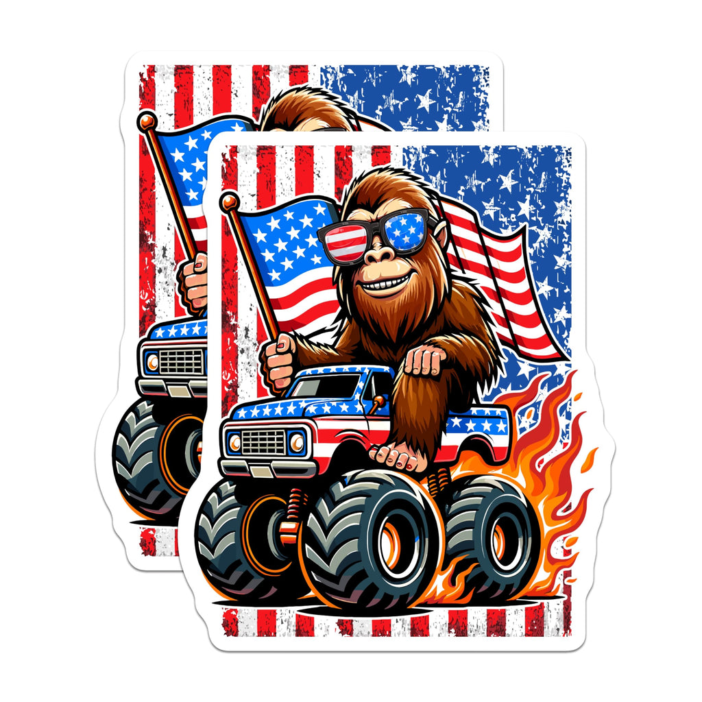 (2 Pack) Bigfoot Monster Truck Magnets - Patriotic American Flag Sasquatch - Funny USA Truck Decal for Fridge - 5 Inches On Longest Side - Thick Durable Magnet - Made in USA - MAG22739