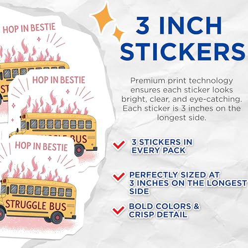 (3 Pack) Struggle Bus Decals - Hop in Bestie - Funny Bus Laptop Decals - 3 Inches On Longest Side - Easy Peel & Apply - Made in USA - 3MCS4544