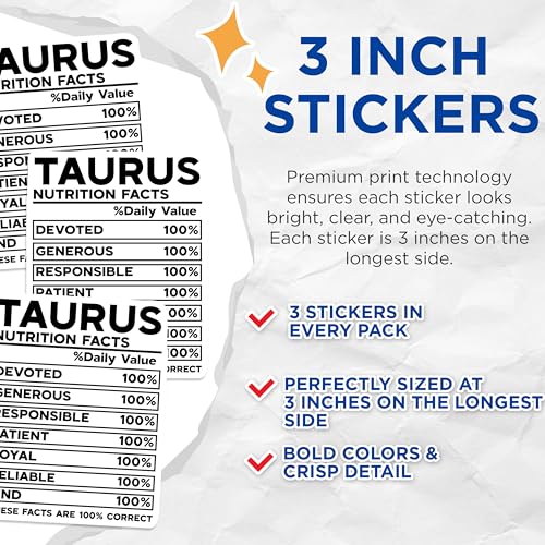 (3 Pack) Taurus Nutrition Facts Decals - Zodiac Sign Sticker - Astrology Lover Decals - 3 Inches On Longest Side - Easy Peel & Apply - Made in USA - 3MCS4103