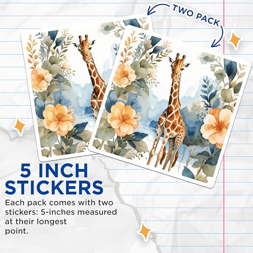 (2 Pack) Giraffe Animal Stickers - Exotic Wildlife - Floral Nature Art - 5" On Longest Side - Sticks to Smooth Flat Surfaces - Made in USA - BMCS8686
