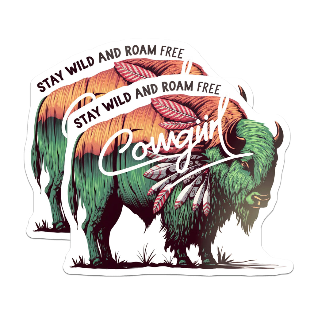 (2 Pack) Cowgirl Buffalo Magnets - Stay Wild Roam Free Art - Western Bison Refrigerator Decor - Bohemian Southwestern Accent - 5 Inches On Longest Side - Thick Durable Magnet - Made in USA - MAG20845