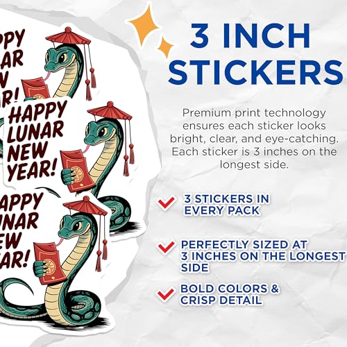 (3 Pack) Lunar New Year Snake Decals - Year of The Dragon Celebration - Chinese Zodiac Animal Stickers - 3 Inches On Longest Side - Easy Peel & Apply - Made in USA - 3MCS2907