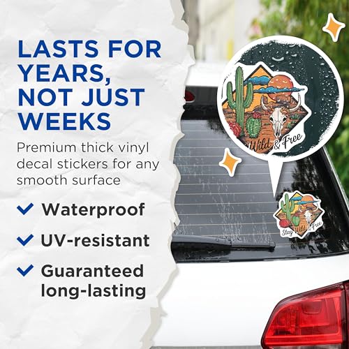 (2 Pack) Stay Wild and Free Stickers - Western Desert Skull Cactus Stickers - Adventure Nature Vinyl Stickers - 5" On Longest Side - Sticks to Smooth Flat Surfaces - Made in USA - BMCS4063