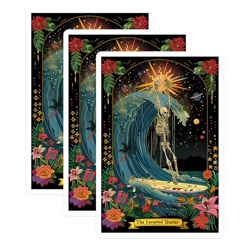 (3 Pack) Skeleton Surfer Decals - Tropical Beach Art - Laptop Decals - 3 Inches On Longest Side - Easy Peel & Apply - Made in USA - 3MCS0019