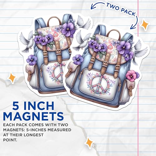(2 Pack) Peace Sign Floral Magnets Magnets - Vibrant Backpack Design - 5" On Longest Side - Made in USA - Sticks to Refrigerators & Metal Surfaces - MAG8860