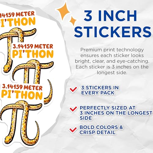 (3 Pack) Python Pi Decals - Snake Lover - Math Humor - Laptop Decal - 3 Inches On Longest Side - Easy Peel & Apply - Made in USA - 3MCS6919