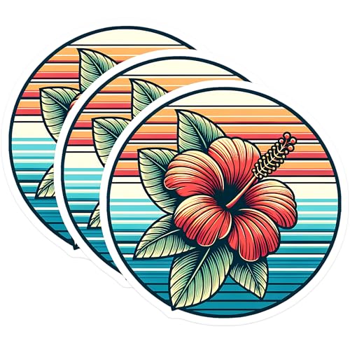 (3 Pack) Hibiscus Flower Decals - Retro Sunset - Tropical Plant Stickers - 3 Inches On Longest Side - Easy Peel & Apply - Made in USA - 3MCS7536