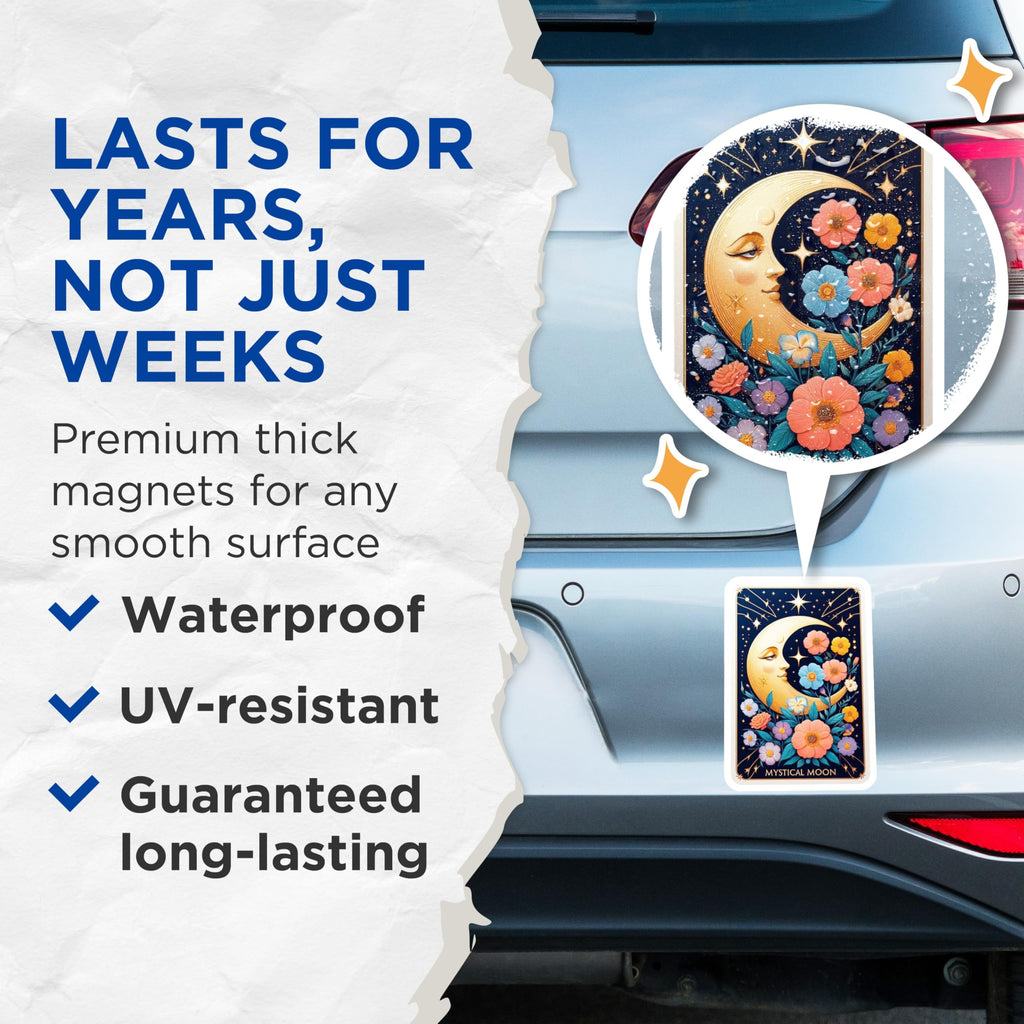 (2 Pack) Mystical Floral Moon Magnets - Celestial Starry Night Art - Bohemian Witchy Fridge Decoration - 5 Inches On Longest Side - Thick Durable Magnet - Made in USA - MAG20198