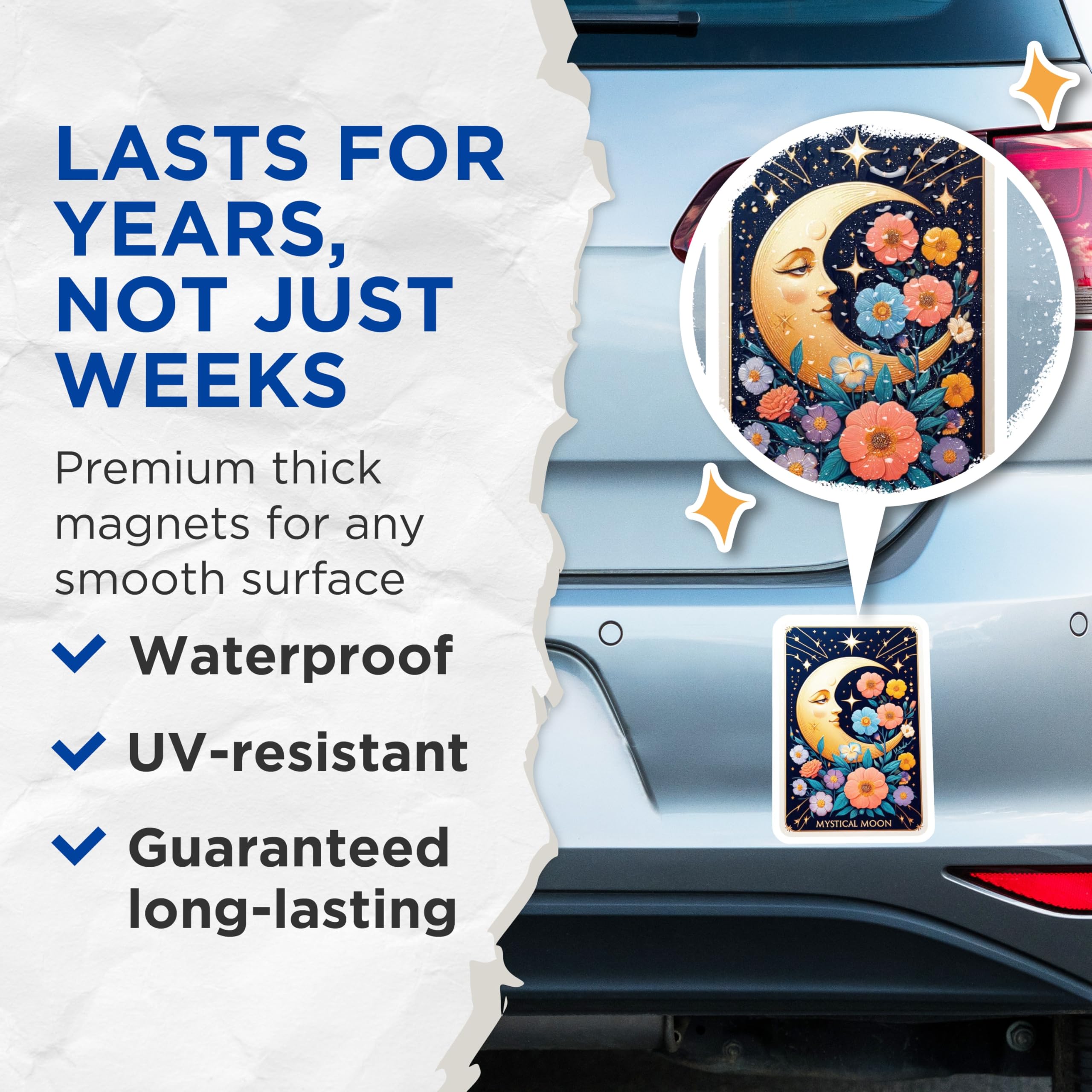 (2 Pack) Mystical Floral Moon Magnets - Celestial Starry Night Art - Bohemian Witchy Fridge Decoration - 5 Inches On Longest Side - Thick Durable Magnet - Made in USA - MAG20198