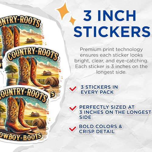 (3 Pack) Cowboy Boots Decals - Country Roots Decal - Western Laptop Decals- 3 Inches On Longest Side - Easy Peel & Apply - Made in USA - 3MCS5565