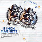 (2 Pack) Sleuthing Raccoon Magnets - Detective - Cute Animal Design - 5" On Longest Side - for Cars, Fridges, Toolboxes - Made in USA - MAG4540
