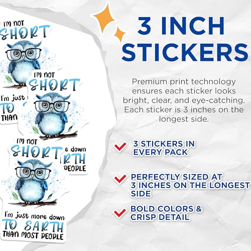 (3 Pack) Owl Decals - I'm Not Short Decals - Funny Owl Stickers - 3 Inches On Longest Side - Easy Peel & Apply - Made in USA - 3MCS6486