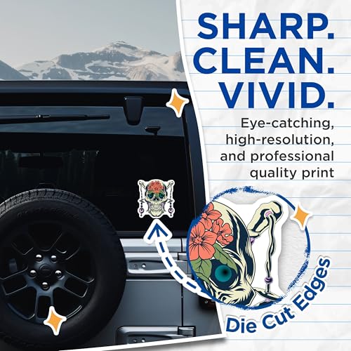 (2 Pack) Skull Floral Stickers - Tattoo Skull Design - Cool Skeletal Art Stickers - 5" On Longest Side - Sticks to Smooth Flat Surfaces - Made in USA - BMCS5533