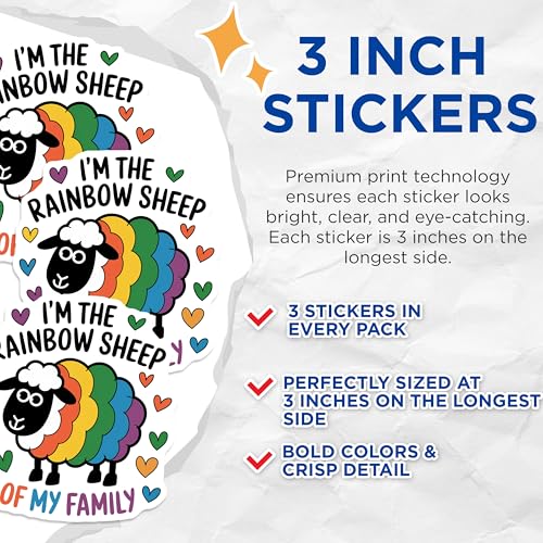 (3 Pack) Rainbow Sheep Decals - Pride Family - Laptop Decal - 3 Inches On Longest Side - Easy Peel & Apply - Made in USA - 3MCS7927