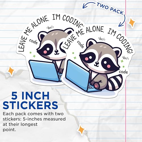 (2 Pack) Leave Me Alone I'm Coding Stickers - Cute Raccoon Laptop Sticker - Programmer Coding Decal - 5" On Longest Side - Sticks to Smooth Flat Surfaces - Made in USA - BMCS6087