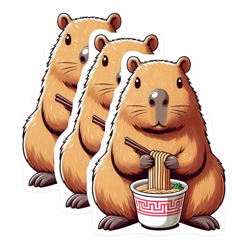 (3 Pack) Capybara Ramen Decals - Cute Animal Stickers - Laptop Decals - 3 Inches On Longest Side - Easy Peel & Apply - Made in USA - 3MCS8667