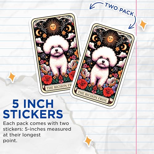 (2 Pack) Bichon Frise Stickers - Cute Dog Stickers - Whimsical Pet Illustration Stickers - 5" On Longest Side - Sticks to Smooth Flat Surfaces - Made in USA - BMCS4777