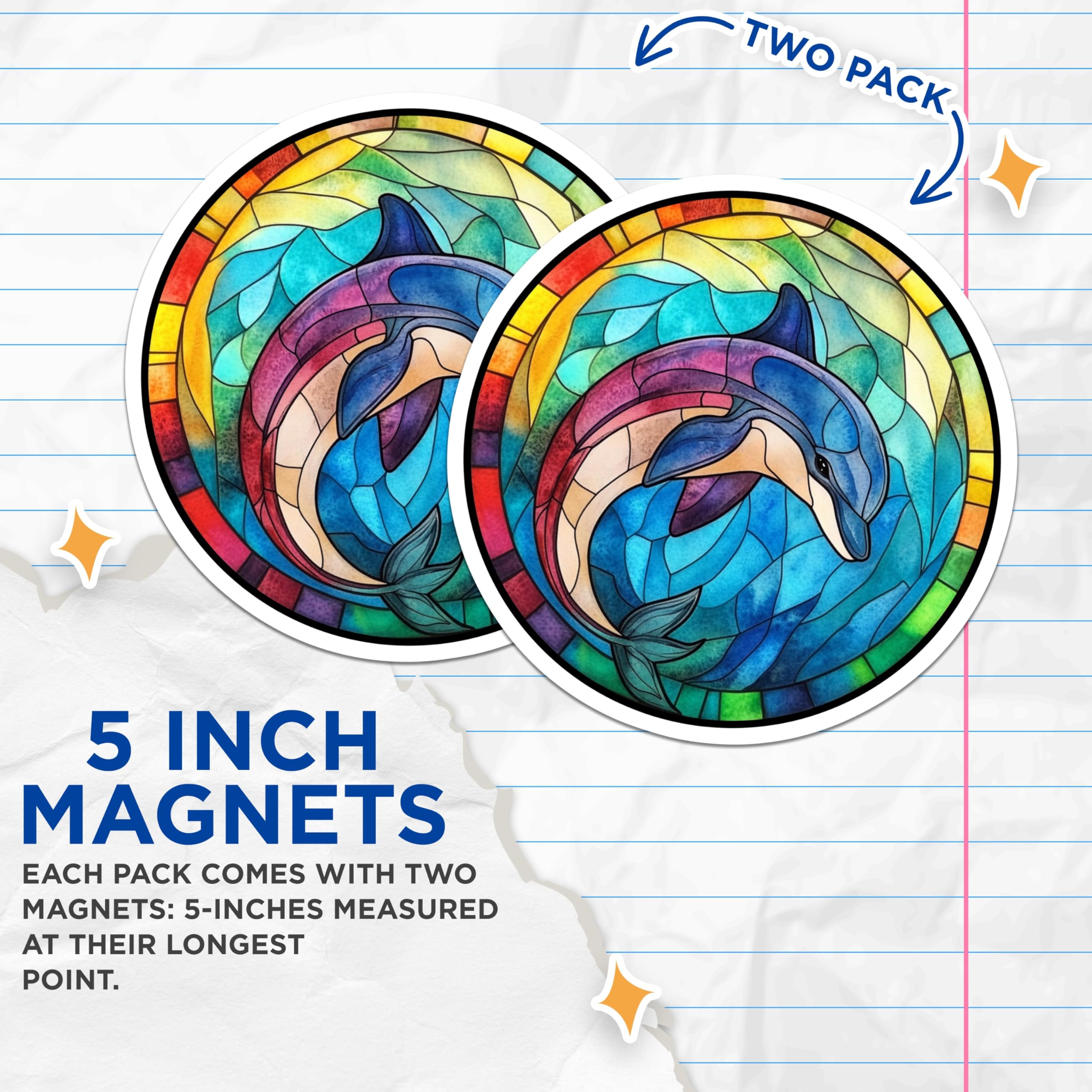(2 Pack) Dolphin Magnets - Stained Glass Art - Ocean Animal Decor - Colorful Sea Life - 5 Inches On Longest Side - Thick Durable Magnet - Made in USA - MAG24153