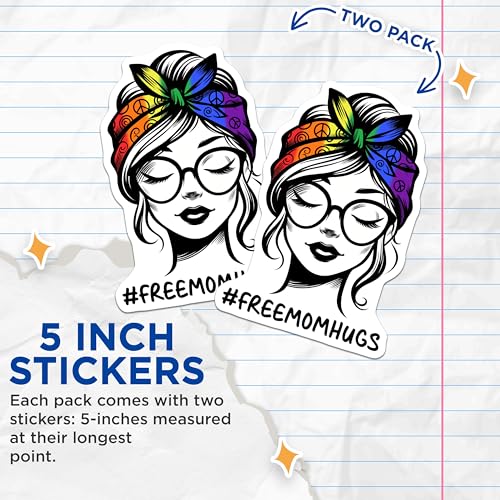 (2 Pack) Free Mom Hugs Stickers - Rainbow Bandana - Pride Peace Sign Decals - 5" On Longest Side - Sticks to Smooth Flat Surfaces - Made in USA - BMCS8285