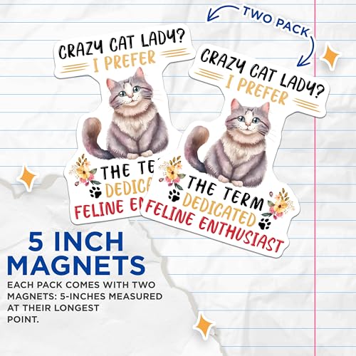 (2 Pack) Crazy Cat Lady Magnets - Dedicated Feline Enthusiast - Cat Lover Home Decor - 5" On Longest Side - for Cars, Fridges, Toolboxes - Made in USA - MAG7728