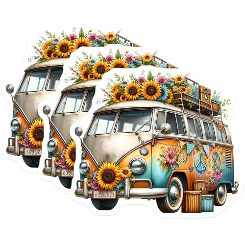 (3 Pack) Floral Van Decals - Hippie VW Bus - Sunflower Laptop Stickers - 3 Inches On Longest Side - Easy Peel & Apply - Made in USA - 3MCS7622