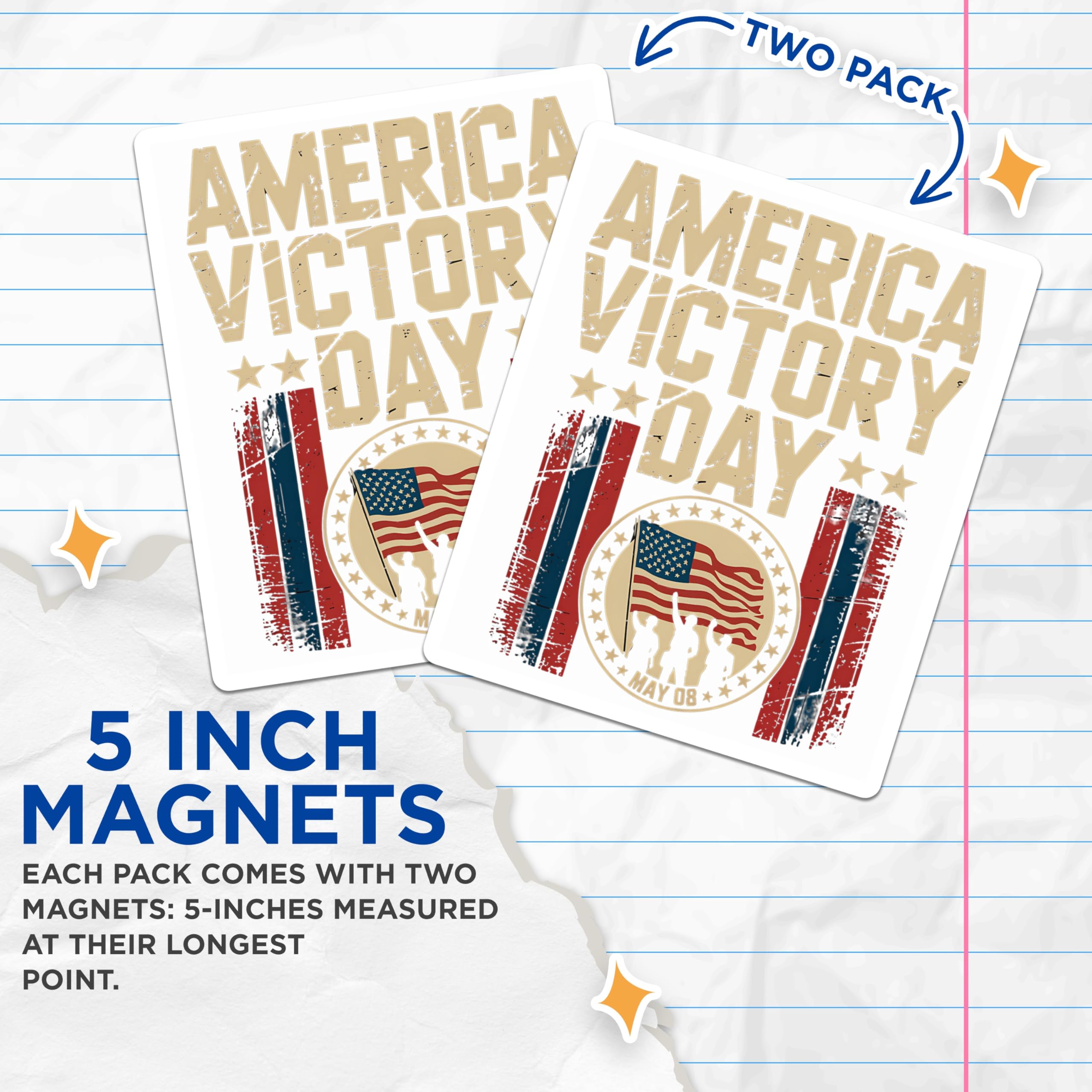 (2 Pack) America Victory Day Magnets - May 08 Commemorative - Patriotic US Flag Decor - 5 Inches On Longest Side - Thick Durable Magnet - Made in USA - MAG30191